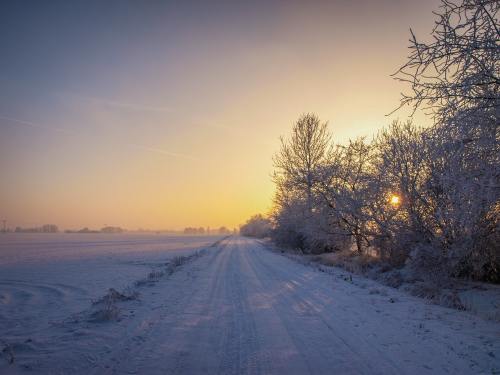 冬天的公路与日出阳光
