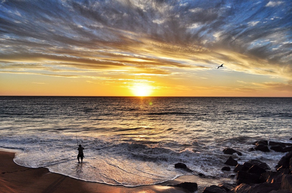 日落、钓鱼、海滩免费图片