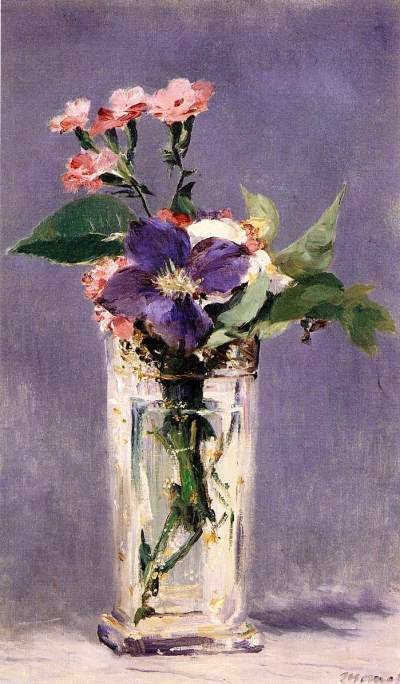 Pinks and Clematis in a Crystal Vase