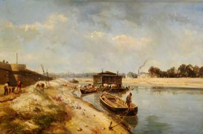 River Scene with Barges and Figures