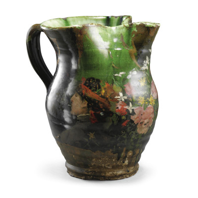 Pitcher painted with bust of a young woman and floral motifs