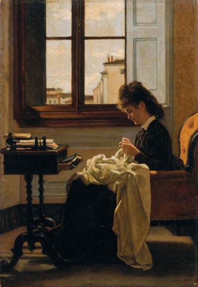 Woman sitting by a window sewing