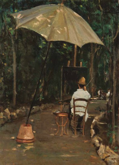 The painter Tommasi painting in the garden