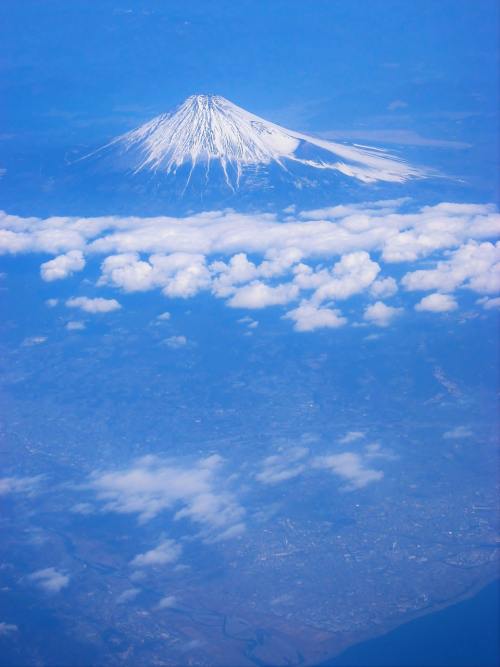 富士山、空中拍摄的照片、云