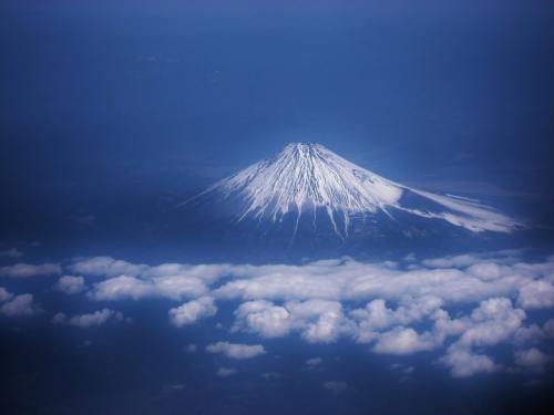 富士山、空中拍摄的照片、云