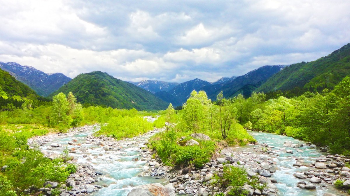 春天的山间小河自然风景免费图片