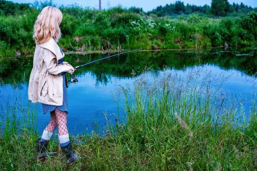 女孩、捕鱼、杆