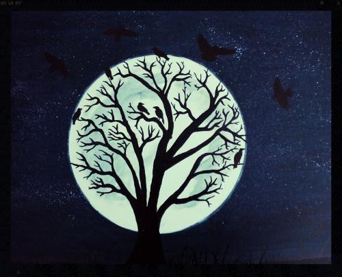 月亮、乌鸦、树