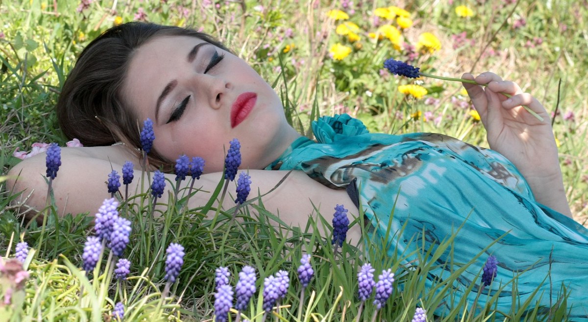 躺在草地上的美女人物免费图片