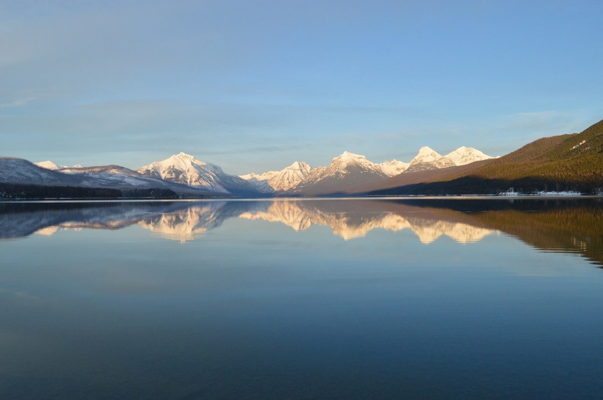 平静湖面与雪山的倒映免费图片