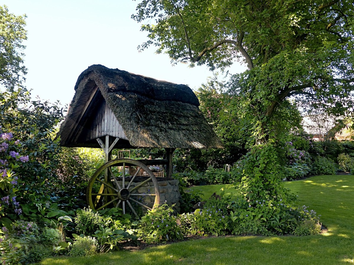 花园里的茅草屋景观图片免费图片