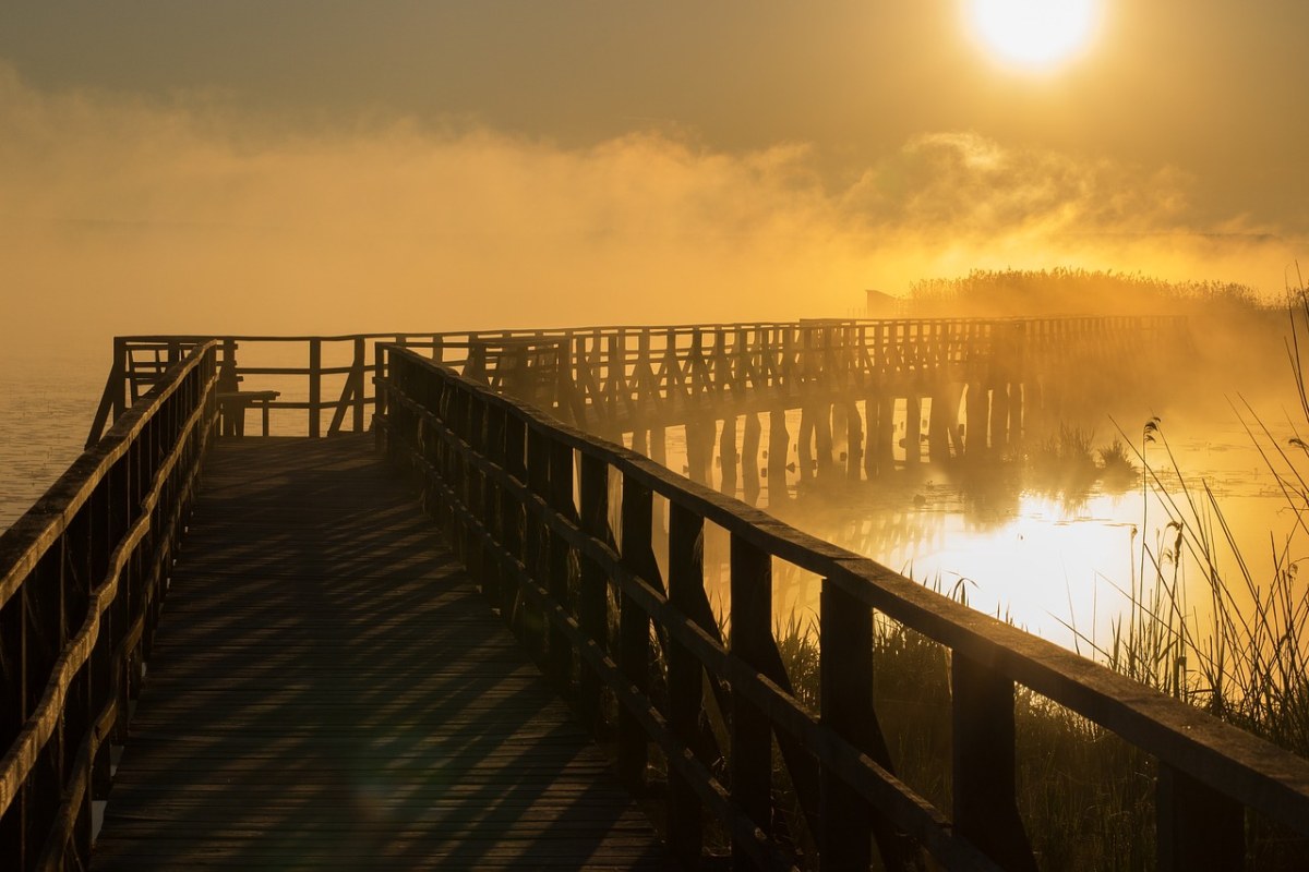 早晨湖面上的木栈道与日出景观免费图片