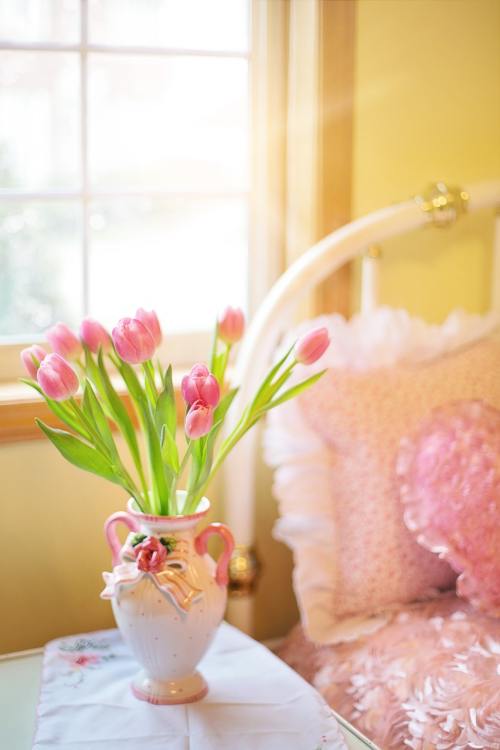 郁金香、粉红色、床