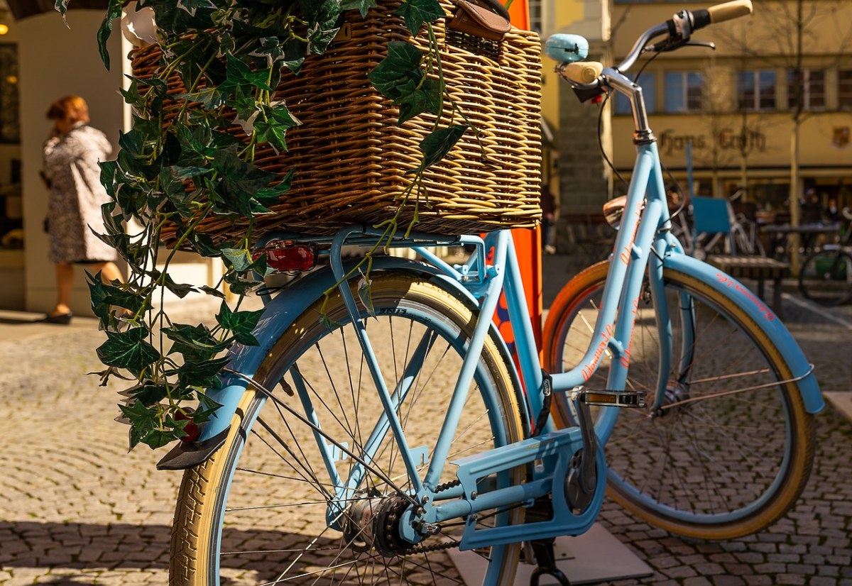 阳光下自行车上的藤编花篮免费图片