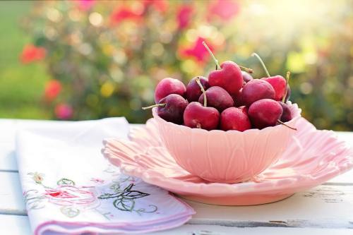 樱桃、碗、粉红色
