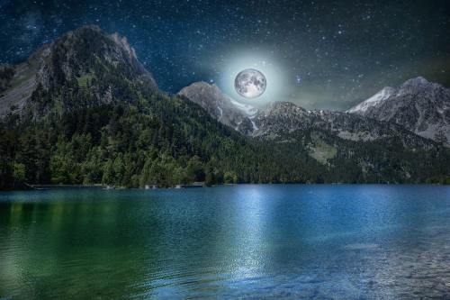 湖、月亮、夜