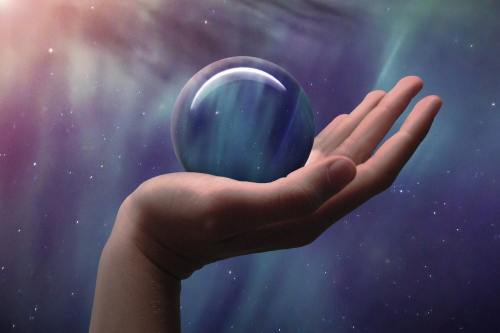 宇宙、玻璃球、手